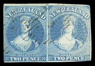 2d. bright blue on soft paper, a horizontal pair with the right-hand stamp showing dry print, just clear to large margins nearly all round, light indistinct numeral
cancellations. A fine, attractive and unusual multiple.