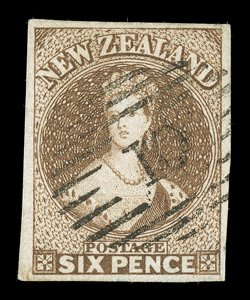 6d. bistre-brown on soft paper, large to very large margins and crisply cancelled 10 at Wellington thinned at foot though an exceptionally fine looking example of this scarce
shade. B.P.A. Certificates (1994 and 2007).