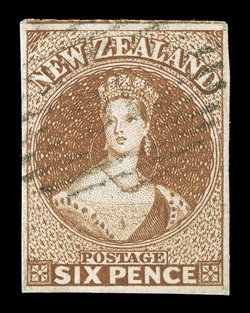 6d. brown on soft paper, good to very large margins and showing portion of adjoining stamp at top, lightly cancelled 16? very fine. Holcombe Opinion (1991). Sc. 9 S.G. 13,
£300.