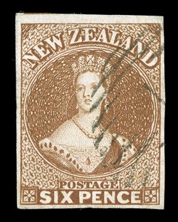 6d. brown on soft paper, good to very large margins and showing trace of adjoining stamp at top, neatly cancelled 1 very fine. Holcombe Opinion (1991). Sc. 9 S.G. 13,
£300.