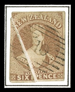 6d. brown and 6d. chestnut, both with notable diagonal and vertical pre-printing paper creases, the first with margins nearly all round, neatly cancelled 10 at Wellington, the
second with traces of margins in places and crisply cancelled 18 a