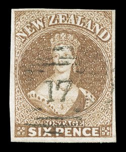 6d. pale brown on hard paper, good to large margins and centrally cancelled 17 at Christchurch very fine. Sc. 9h S.G. 14, £300.