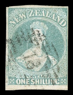 1- emerald-green on soft paper, clear to very large margins and almost certainly from the foot of the sheet, neatly cancelled 18 at Otago thin spot at foot, otherwise sound.
Holcombe Certificate (1993) states that the stamp has a horizontal c