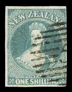 1- blue-green on soft paper, good to large margins and of excellent strong colour, neatly cancelled 5 in circle of bars at Bluff Harbor marginal thin at upper right though of
fine appearance. Sc. 10 S.G. 17, £1,700.