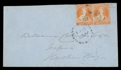 1861 (5 Apr.) envelope from Auckland to Napier, bearing 1d. dull orange horizontal pair with margins on three sides (cut-into across top), each cancelled 1 and tied by Ahuriri
arrival c.d.s. (24.4) horizontal filing crease well clear of the ad