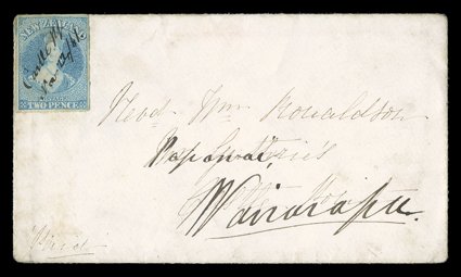 1861 (22 Nov.) envelope to Castle Point and redirected to Wairarapu, bearing 2d. pale blue with good to large margins and neatly cancelled Castle Pt Nov 2261. in manuscript
the adhesive a little soiled though most unusual. B.P.A. Certific