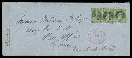 1865 (7 Feb.) 2oz. envelope (222x93mm.) registered from Dunedin to Sydney, New South Wales, bearing 1- dull green horizontal pair and a single each cancelled and tied by
dunein in oval of bars and showing registeredg.p.o.dunedin. n