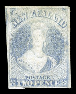 2d. pale ultramarine, unused without gum, good to very large margins showing trace of adjoining stamp at upper left and slight burring in vertical margins small faults though
an attractive example of this rare and delicate stamp. R.P.S. Certific