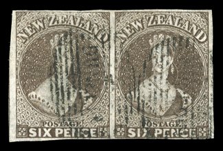 6d. black-brown, a horizontal pair with clear to large margins, each cancelled dunedin in bars. A rare multiple. R.P.S. Certificate (1977). Sc. 24 S.G. 85, £500+. provenance:
Charles Williams, November 1947