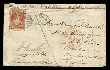 1867 (8 Jan.) soldiers envelope From No. 626 Pt. J. Palmer, 57th. Regiment at Auckland to Cambridge, countersigned by the Commanding Officer and bearing 1d. carmine-vermilion
cancelled with 1 duplex, also showing London Paid c.d.s. (3.4)