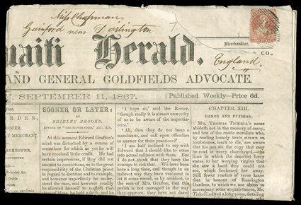 1867 (11 Sept.) complete copy of The Waikouaiti Herald newspaper (Hawkesbury) from Waikouaiti, Otago to Gainford near Darlington, carried on the 16th. voyage by the Kaikoura
and bearing 1d. carmine-vermilion twice cancelled 05 in bars