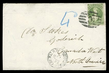 1867 (30 Oct.) double rate envelope from Christchurch to Goderich carried on the 17th. voyage by the Ruahine, bearing 1- yellow-green cancelled C in oval of bars and showing
manuscript 4d in blue crayon alongside, despatch c.d.s. a