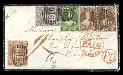 1868 (30 Sept.) double rate mourning envelope (opened-out) from Balclutha to Bourges, bearing 1d. carmine-vermilion, 3d. lilac, 6d. red-brown and 1- yellow-green each neatly
cancelled 019 in oval of bars, rated 1-, tying the 1d. value,