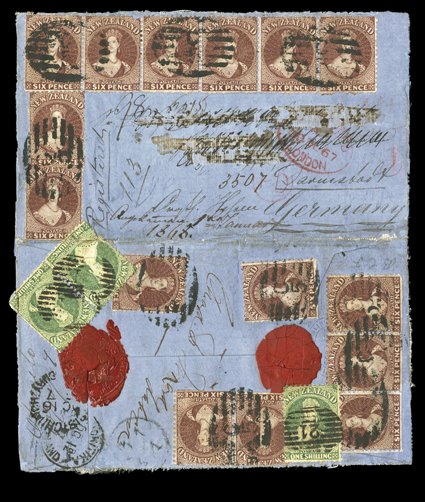 1867 (10 Oct.) blue envelope (opened-out) registered from Okarito (manuscript note on reverse) to Darmstadt carried on the 17th. voyage by the Ruahine, bearing 6d. red-brown
(15, six on reverse) cancelled C5 in oval of bars and additiona