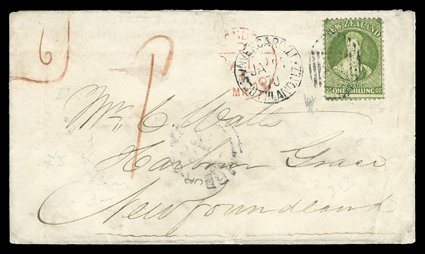 1870 (24 Jan.) envelope from Invercargill to Harbour Grace, bearing 1- yellow-green cancelled with 21 duplex, showing manuscript 1d, part London Paid c.d.s. for a date in
March and arrival c.d.s. and arrival c.d.s. for a date in April, S