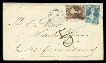 1870 (24 Sept.) envelope from Invercargill to Harbour Grace, bearing 2d. Plate II and 6d. red-brown twice cancelled with 21 duplex with large 5 h.s. below applied over
indistinct deleted rate mark, the reverse with Montreal c.d.s. (21.12), an