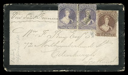 1871 (31 July) envelope from Queenstown? to Edinburgh, bearing 3d. lilac pair and 6d. red-brown twice very lightly cancelled with indistinct oval of bars, the reverse with
despatch, Dunedin and arrival (2.10) c.d.s. the envelope a little soiled