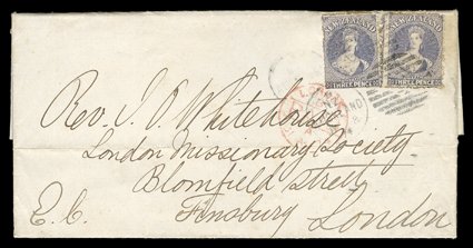 1874 (8 June) entire letter from the missionary, the Rev. James Chalmers in Rarotonga, Cook Islands to London, bearing 3d. lilac (2, small faults) twice cancelled with 1
duplex at Auckland and with London Paid c.d.s. (31.8) alongside. Fine