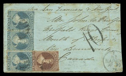 1870 (20 Apr.) pale green envelope from Napier to Mount of Nerepis, bearing 2d. blue Plate II (3) and 6d. red-brown all with light indistinct cancellations, showing despatch
c.d.s. at lower right corner and large h.s. 10 h.s., the reverse with