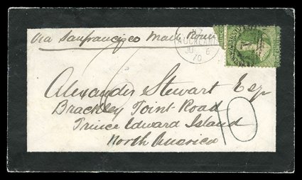 1870 (6 June) mourning envelope from Auckland to Brackley Point Road carried on the 1st. Contract, 3rd. voyage by the Wonga Wonga, bearing 1- yellow-green cancelled 1 with
Auckland c.d.s. alongside, rated 6 and with 210 h.s. below the