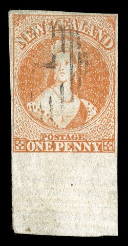 1d. pale vermilion with 15mm. sheet margin at foot, good to large margins on the other three sides, cancelled 1 at Auckland crease in margin, otherwise fine. B.P.A.
Certificate (1991). Unlisted in Scott S.G. 11a var. provenance: H. Go