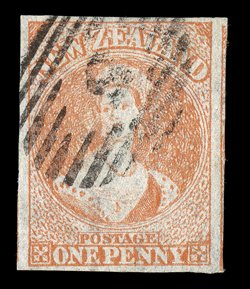 1d. pale vermilion, good to very large margins and showing traces of adjoining stamps on the vertical sides, cancelled 5 at Auckland fine. Unlisted in Scott S.G. 111a
var.