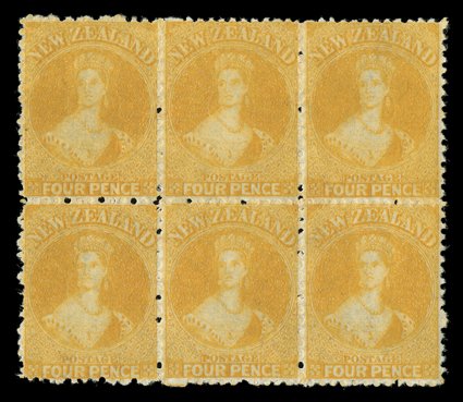 4d. orange-yellow, a block of six (3x2) in a deep rich shade, fresh unused with large part original gum fine and most attractive. Sc. 49 S.G. 139, £1,080+.