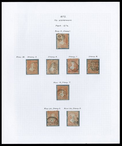 2d. vermilion retouched, eight examples comprising Row 171, Row 183, 184, 187 and 188, Row 197 and Row 203 and 206, variously cancelled and generally fine. Sc. 48 S.G. 138a,
£700.