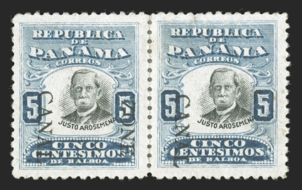 24d, 24e, 5c Ultramarine and black, Canal only and Zone Canal, 7.25mm spacing, rejoined horizontal pair, the left stamp being the Zone Canal error, while the right stamp is
the Canal only error, well centered, part o.g., right stamp with