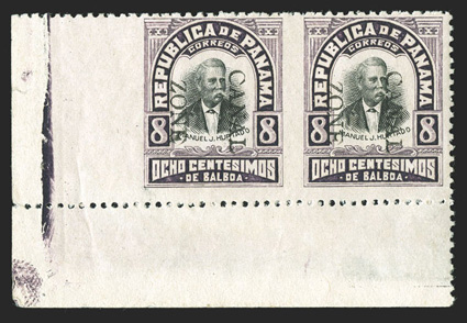 25a, 8c Purple and black, imperforate between and at left margin, 6.75mm spacing, bottom margin pair, centered a bit to top as always, rich colors, o.g., small tear in left
selvage only (could easily be trimmed), fine only 34 examples of this