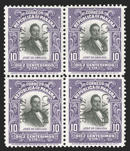 27-30, 2c-10c Pictorials, with overprint reading down cplt., each in a block of four with one stamp showing the spaced CA variety (which occurs only on position 50 in the
sheet), strong bright colors, o.g. (slightly tropicalized on 5c and 8