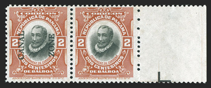39a, 2c Vermilion and black, horizontal pair, right stamp without Canal Zone, right sheet-margin pair, deep color, tropicalized o.g., fine only 20 error pairs produced (CZSG
39a.I).