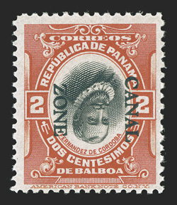 39e, 2c Vermilion and black, Center Inverted and Canal Zone inverted reading down, especially fresh mint single, intensely rich colors, clean o.g., lightly hinged, very fine
(CZSG 39e).