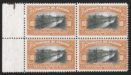 42-45, 1c-10c Pictorials, each is a left sheet-margin block of four, with one stamp showing the 10mm spacing, which occurs only on position 61 in the sheet, bright colors,
o.g. (1c slightly tropicalized), n.h., fine-very fine an attractive