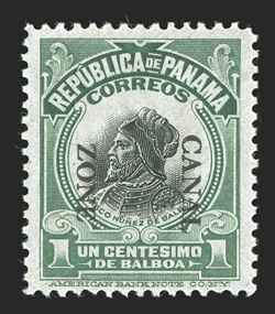 46a, 1c Light Green and black, Canal Zone inverted reading down, attractive colors, tropicalized o.g., fine and scarce (CZSG 46a).