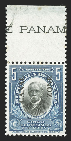 48 var., 5c Deep blue and black, Zone shifted up, with the E of Zone level with the L of Canal, top sheet-margin single, being position 8 on the sheet, deep colors, o.g., very
fine this variety occurred on only three positions on the