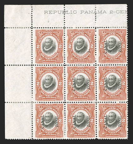 53 var., 2c Vermilion and black, horizontal pair, left stamp without overprint, top left corner margin block of nine, with the left stamps from the top two rows missing the
overprint due to foldover (the overprint appear on the back of the top s