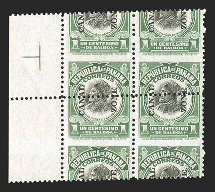55 var., 1c Light green and black, with freak perforations, left sheet-margin block of four with the horizontal perforations running practically through the middle of the
stamps, bright and fresh, o.g., stamps never hinged (hinged in the selvage