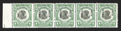 55c, 1c Light green and black, horizontal pair, left stamp without overprint, left sheet-margin strip of five, with the left stamp lacking the overprint, intensely rich
colors, fresh o.g., fine-very fine only 21 error pairs were printed (CZ