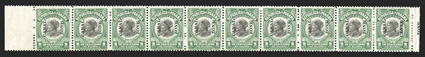 55f, 1c Light green and black, CANAL double, horizontal strip of ten with selvage on both sides, the right stamp with the additional CANAL as well as ZONE in the right
selvage, fresh color, o.g., h.r., fine-very fine only one row of ten