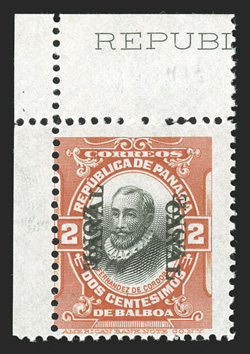 56b, 2c Orange vermilion and black, Canal Zone double, one reading down, top left corner margin single, usual centering for this, vibrant colors, o.g., stamp never hinged
(hinged in the selvage only), minor gum bend, fine (CZSG 56b).