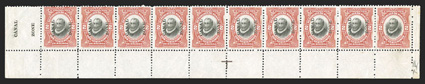 56c, 2c Orange vermilion and black, horizontal pair, right stamp without Canal Zone, a wonderful full bottom margin horizontal strip of ten, being the bottom row from the
sheet, with sheet selvages at left and at right, containing the first ty