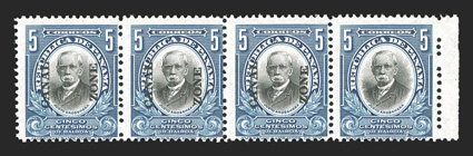 57a, 5c Deep blue and black, horizontal pair, right stamp Canal Zone omitted, right sheet-margin strip of four, the left right stamp with the overprint missing, the third
stamp shows the dropped E, intensely rich color, slightly disturbed o.