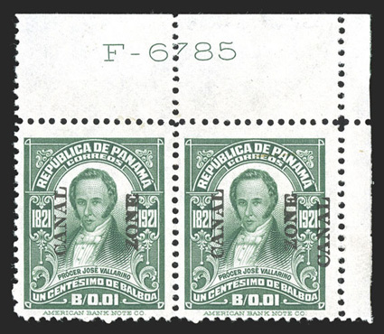 60a, 1c Green, Canal double, top right corner margin horizontal pair, the right stamp containing the error, strong color on fresh white paper, tropicalized o.g., fine-very
fine all of these errors came from the tenth vertical row of a left pa