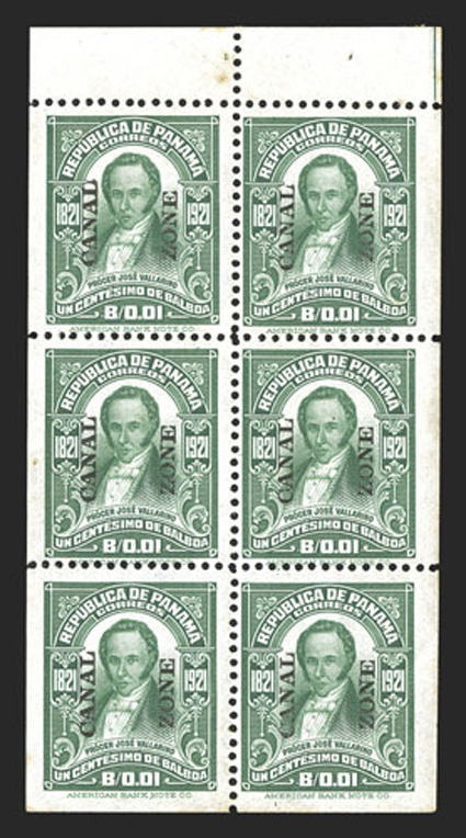 60b, 1c Green, booklet pane of six, with guide line in the top margin tab, large margins, slightly tropicalized o.g., mild gum bend affects one stamp, a couple faint toned
specks in the tab, fine-very fine (CZSG 60b).