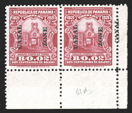 61d, 2c Carmine, Canal double, the right stamp in a bottom right horizontal pair with normal, and caused in the same fashion as a similar error on the 1c stamp from this
issue, rich fresh color, slightly tropicalized o.g., very fine only te
