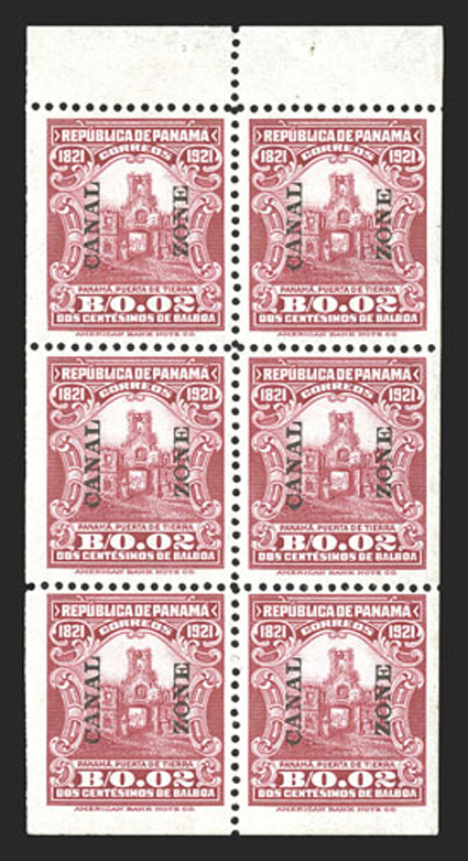 61f, 2c carmine, booklet pane of six, well centered and margined, bright color on fresh paper, tropicalized o.g., bottom left stamp with tiny thin speck, otherwise very fine a
scarce pane (CZSG 61f).