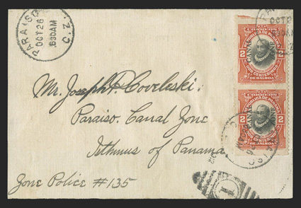 32a, 2c Vermilion and black, imperforate horizontally, vertical pair tied to part of a cover by 1912 Paraiso duplex postmarks, well centered, very fine a particularly
challenging error to find in used condition (CZSG 32a).