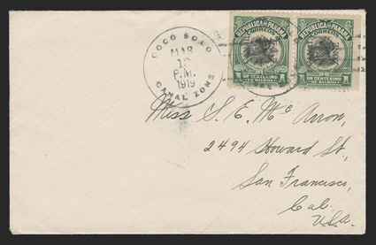 38, 1c Green and black, horizontal pair from a booklet pane (38b) tied by Coco Solo Mar 13, 1919 duplex cancels (Entwistle Type Hs-10) on cover to San Francisco, fine Coco
Solo was a submarine base and cancels from there are quite elusive.