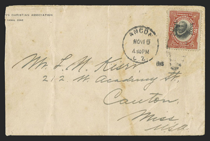 39e, 2c Vermilion and black, Center Inverted and Canal Zone inverted reading down, tied by Ancon Nov 15 1915 duplex pmk. on cover to Mississippi, stamp is nicely centered and
with strong colors, cover reduced at left and with some toning, stam